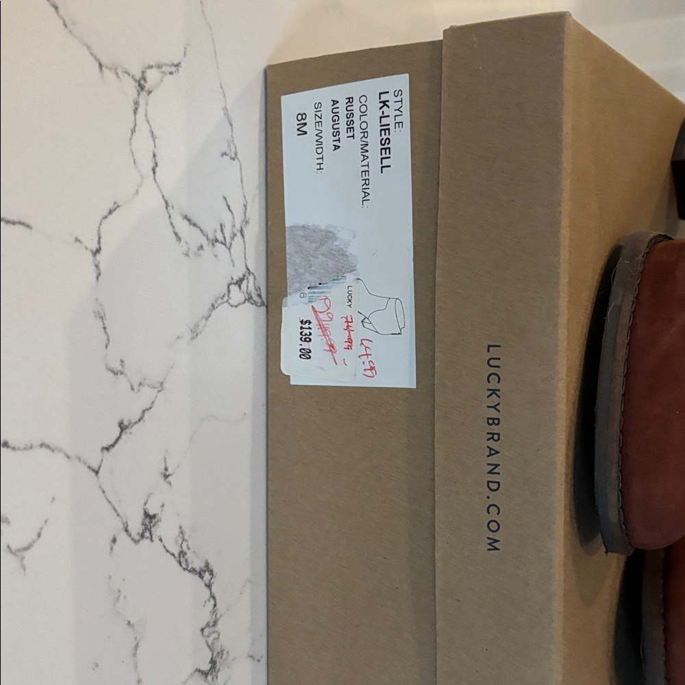 New in BoxLucky Brand Liesell Color Russet Booties Stacked 3.5 Heel Size 8M